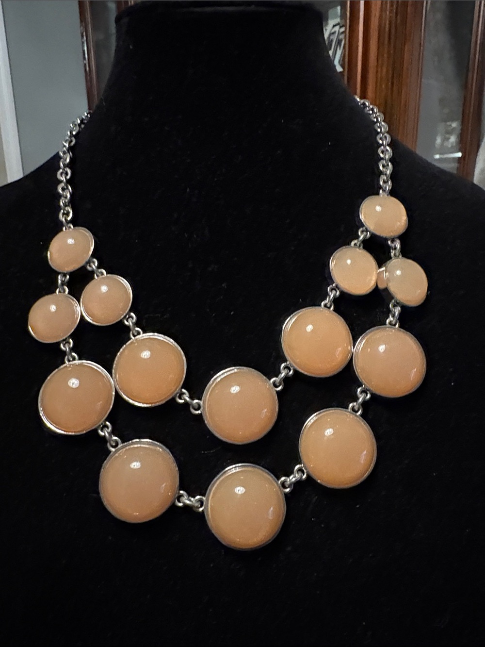 Beige Statement Bib Necklace on a Silvertone  chain. By Ann Taylor